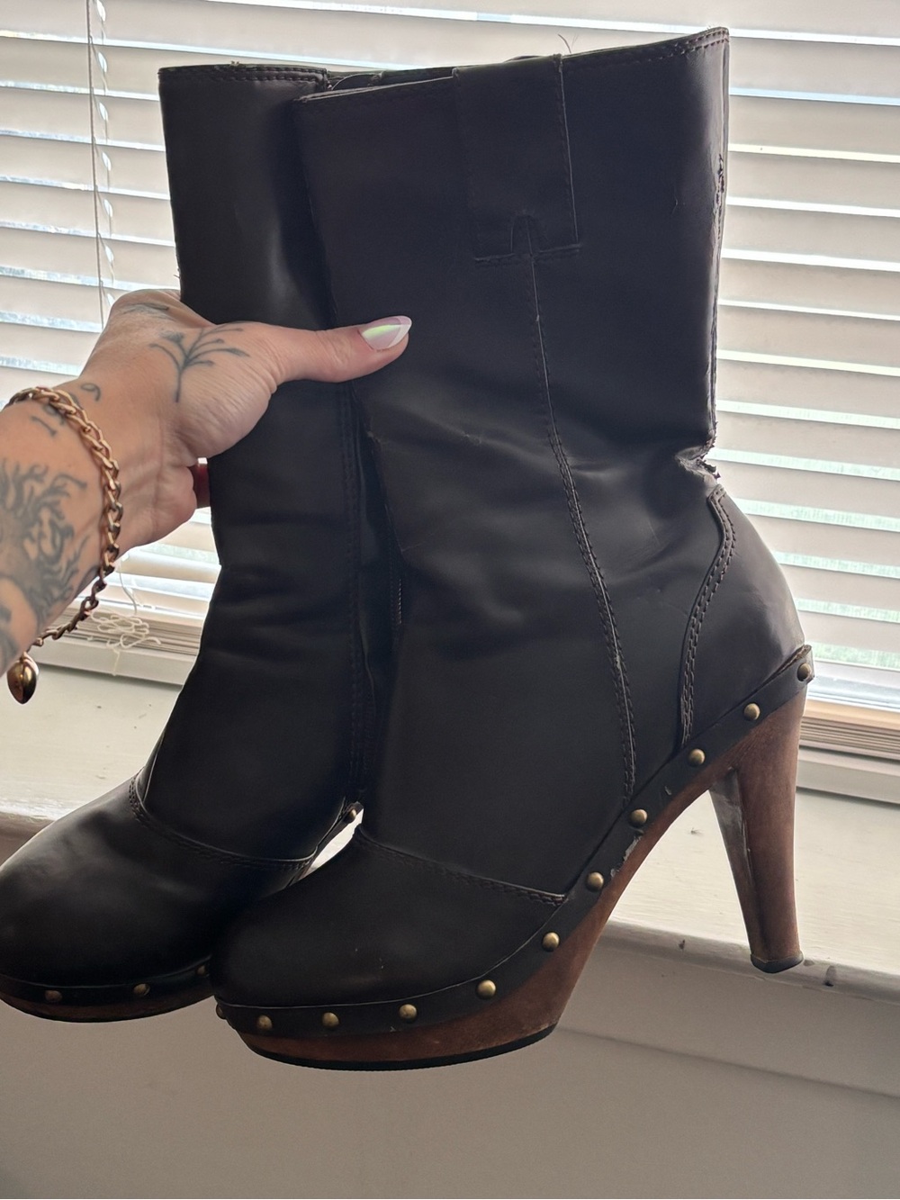 Newport News Women’s Dark Brown Leather Studded Platform Heeled Boots